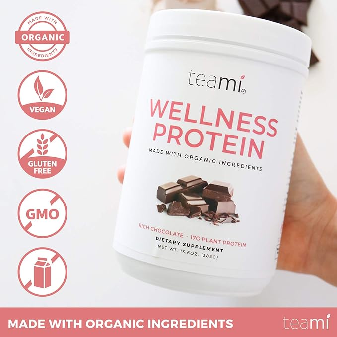 Teami Wellness Vegan Protein Powder - Organic Ingredients (14 Servings, 13.6 Ounce) Smooth Textured Chocolate Plant Based Protein Powder, Low Net Carbs, Non-GMO, Dairy Free, Soy Free, No Sugar Added