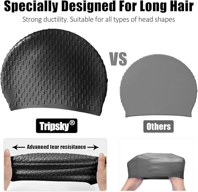 Tripsky Silicone Swim Cap,Comfortable Bathing Cap Ideal for Curly Short Medium Long Hair, Swimming Cap for Women and Men, Shower Caps Keep Hairstyle Unchanged…
