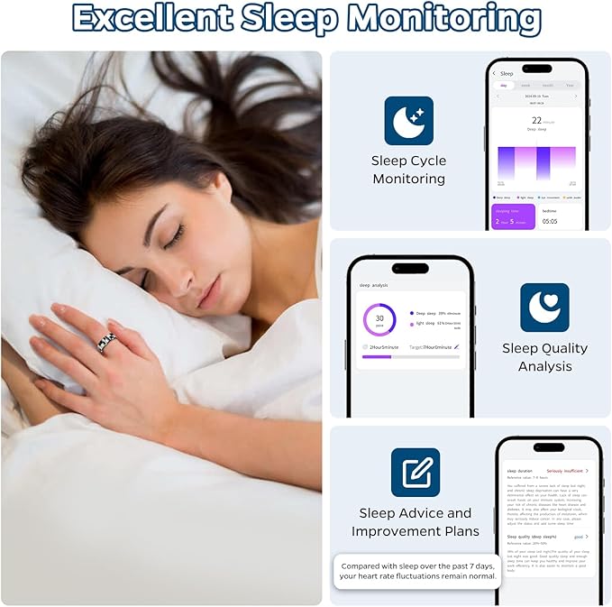 Smart Ring Health Tracker, Sleep Tracker Ring with Heart Rate, Waterproof Fitness Ring for Activity Monitoring/Steps/Distance/Calories,Air Gestures,Up to 7-Day Battery,for iOS Android(Stylish Black#8)