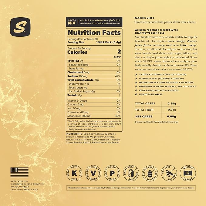Keto Chow SALTT Electrolytes Powder Packets, Caramel Vibes (30 Hydration Packets) - Magnesium, Potassium, Sodium, Trace Minerals - Vegan, Gluten Free, Sugar Free - Travel Essentials - Made in USA