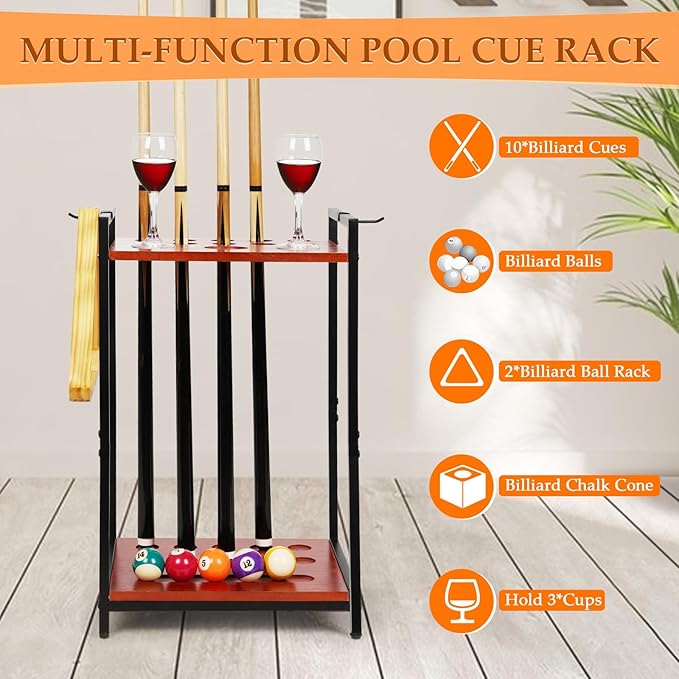 Pool Stick Holder Floor Stand - Multifunctional Billiard Cue Rack Hold 10 Pool Cue, Billiard Balls, Cup, Wood Cue Stick Holder Stand Pool Table Accessories for Game Room Billiard Room Decor Club (Red)