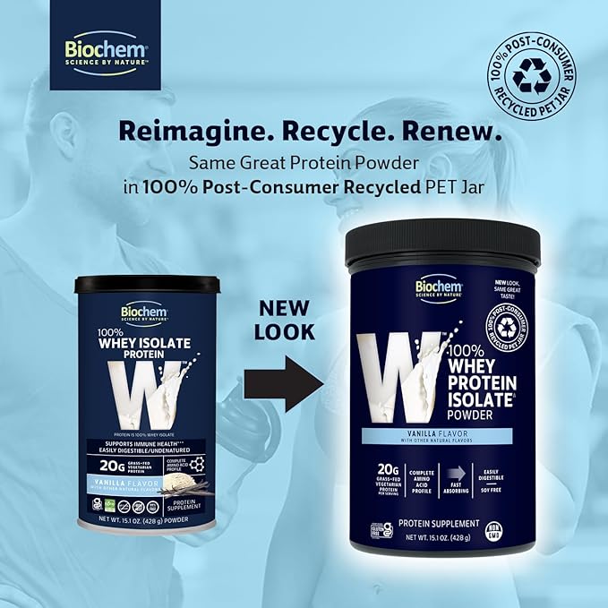 Biochem 100% Whey Isolate Protein - Vanilla Flavor - 15.1 Ounce - Supports Immune Health - Easily Digestible - Refreshing Taste - 20g Vegetarian Protein - Amino Acids
