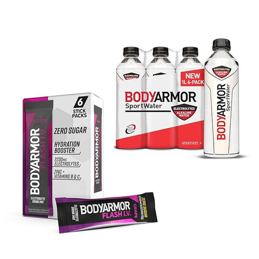 BODYARMOR Rapid Rehydration Bundle - Flash IV Electrolyte Packet + Sportwater Alkaline Water - Sport Drink Mix Combo