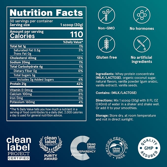 Puori Whey Protein Powder - Bourbon Vanilla - PW1 Pasture Raised, Grass-Fed & Non-GMO - 100% Natural and Pure for Muscle Growth - 21g Protein 1.98lbs - Gluten-Free