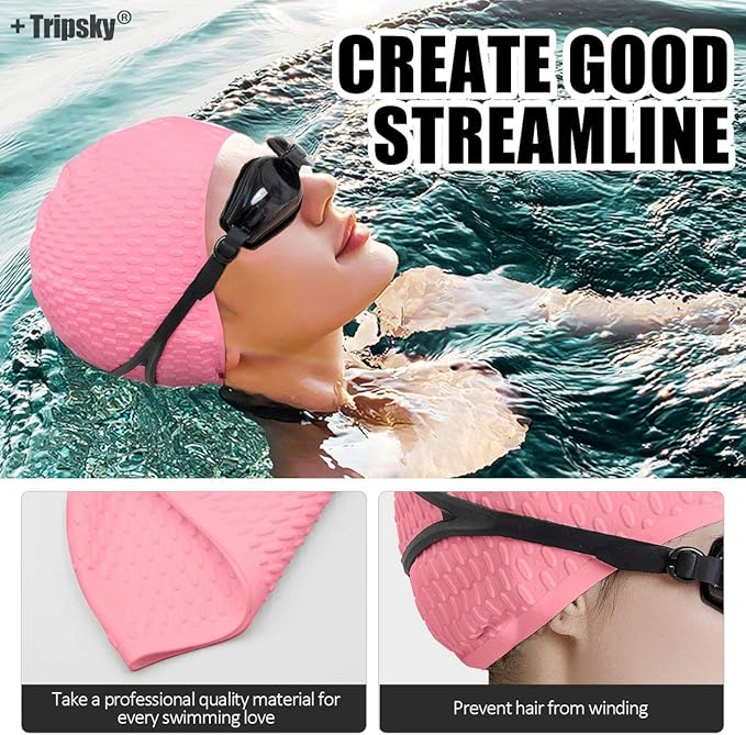 Tripsky Silicone Swim Cap,Comfortable Bathing Cap Ideal for Curly Short Medium Long Hair, Swimming Cap for Women and Men, Shower Caps Keep Hairstyle Unchanged…