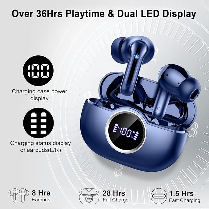 Wireless Earbuds, 2025 Bluetooth 5.4 Headphone 3D Stereo Bass Ear Bud, 4 ENC Noise Cancelling Mic, 40+Hrs USB-C in-Ear Earphone, IP-X7 Waterproof Headset Sport Workout Gym for Laptop Pad Android iOS