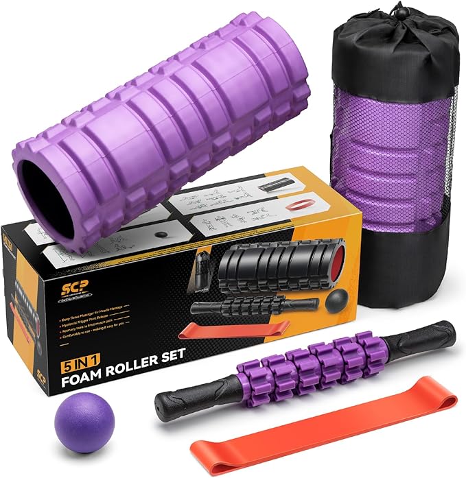 5 in 1 Foam Roller Set for Deep Tissue Muscle Massage, High Density Trigger Point Fitness Patented Exercise Foam Roller, Massage Roller, Massage Ball, Resistance Band, for Whole Body(Purple)