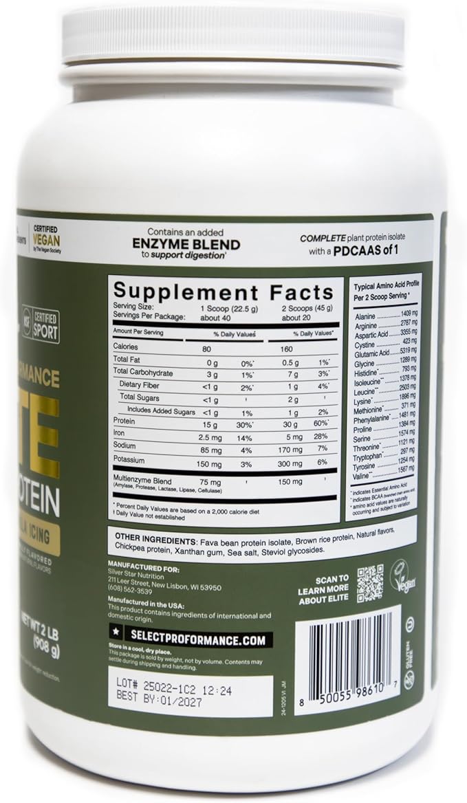 Select Proformance Elite Vegan Plant Protein Powder, Vanilla Icing, NSF Certified, No Added Sugar, 15g of Protein per Serving, 40 Servings, 2 Lbs
