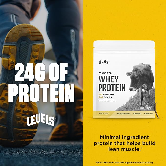 Levels Grass Fed Whey Protein Powder, No Artificials, 24G of Protein, Vanilla Bean, 1LB