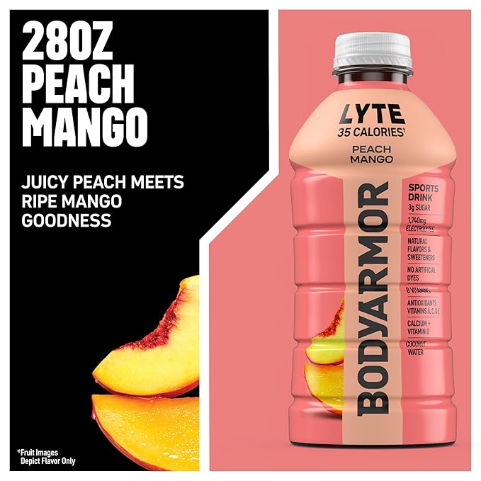 BODYARMOR LYTE Sports Drink Low-Calorie Sports Beverage, Peach Mango, Coconut Water Hydration, Potassium-Packed Electrolytes, Perfect For Athletes, 28 Fl Oz (Pack of 15)