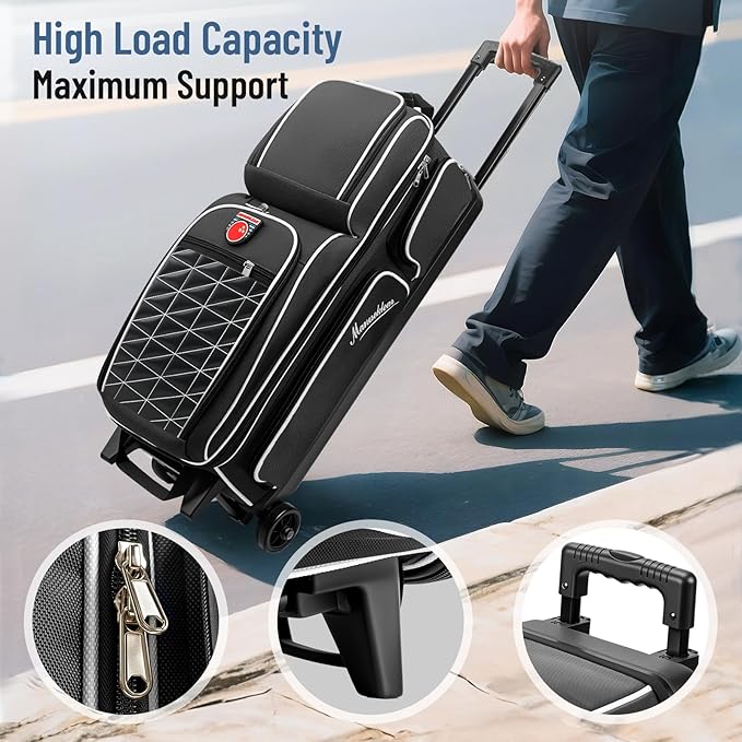 MANUEKLEAR 3 Ball Bowling Bags with Wheels, Bowling Ball Bag 3 Ball Roller with Accessory Pockets and Shoe Compartment