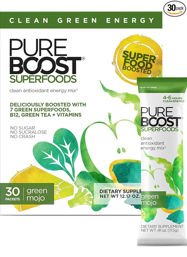 Pureboost Superfoods Clean Energy Booster, Energy Drink Mix Powder with 7 Organic Green Superfoods; Spirulina, Kale, Broccoli and Vitamins, Green Apple, Pineapple, Mango (Green Mojo, 30 Count)