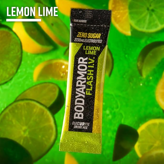 BODYARMOR Flash IV Electrolyte Packets, Lemon Lime - Zero Sugar Drink Mix, Single Serve Packs, Coconut Water Powder (6 Count)