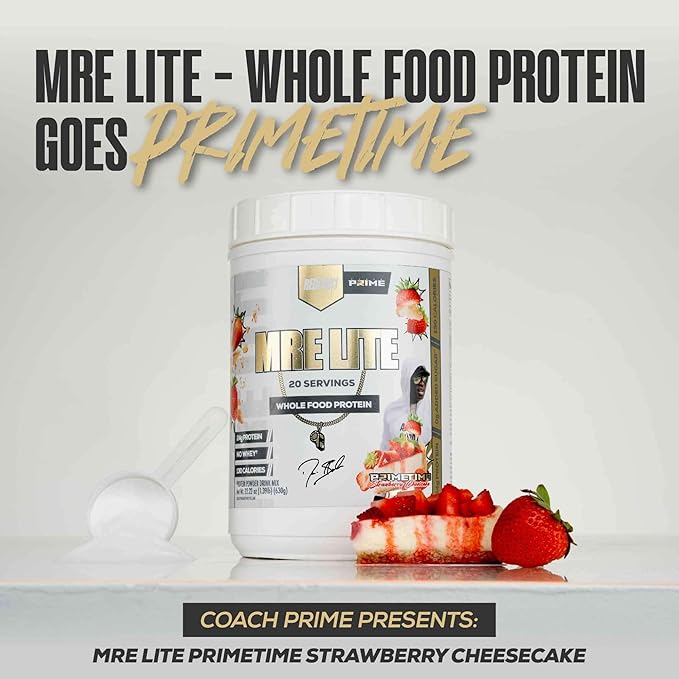 REDCON1 Whole Food Animal Protein Powder - Coach Prime MRE Lite Protein Powder - Low Carb with No Whey - 24g Protein - Prime Time Strawberry Cheesecake (20 Servings)