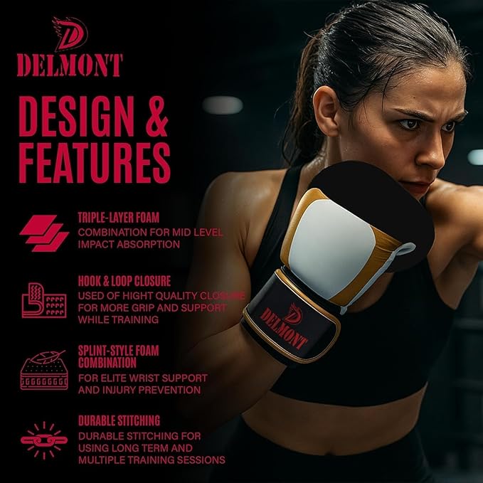 Delmont Boxing Gloves for Men and Women - Heavy Bag, Kickboxing, Sparring & Training Gloves with Multi-Layer Padding, Wrist Support & Breathable Lining - Pro Gloves for Adult Fighters & Beginners
