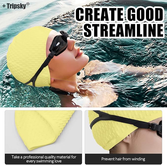 Tripsky Silicone Swim Cap,Comfortable Bathing Cap Ideal for Curly Short Medium Long Hair, Swimming Cap for Women and Men, Shower Caps Keep Hairstyle Unchanged…