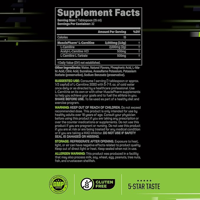 Muscle Pharm L-Carnitine 3000, The Ultimate Liquid L Carnitine Supplement for High-Performance, Supports Metabolism, Hydration & Energy, Zero Sugar/Calories, Peach Nectarine Flavor, 32 Servings