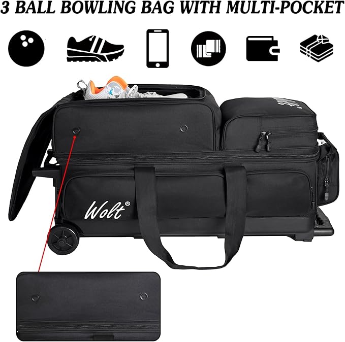WOLT 3 Ball Bowling Bags with Wheels,Bowling Ball Bag 3 Ball Roller with Separate Shoe Compartment and Accessory Pocket, Retractable Handle Extends to 38’’