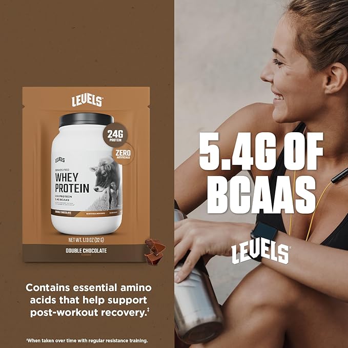 Levels Grass Fed Whey Protein Powder, No Artificials, 24G of Protein, Double Chocolate, 12 Count