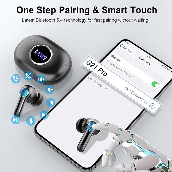 Wireless Earbuds, 2025 Bluetooth 5.4 Headphone 3D Bass Hi-Fi Stereo Ear Buds, 4 ENC Noise Cancelling Mic, 40H 3g USB-C in-Ear Earphone, IP7 Waterproof Workout Sport for Laptop Pad Android iOS, Black