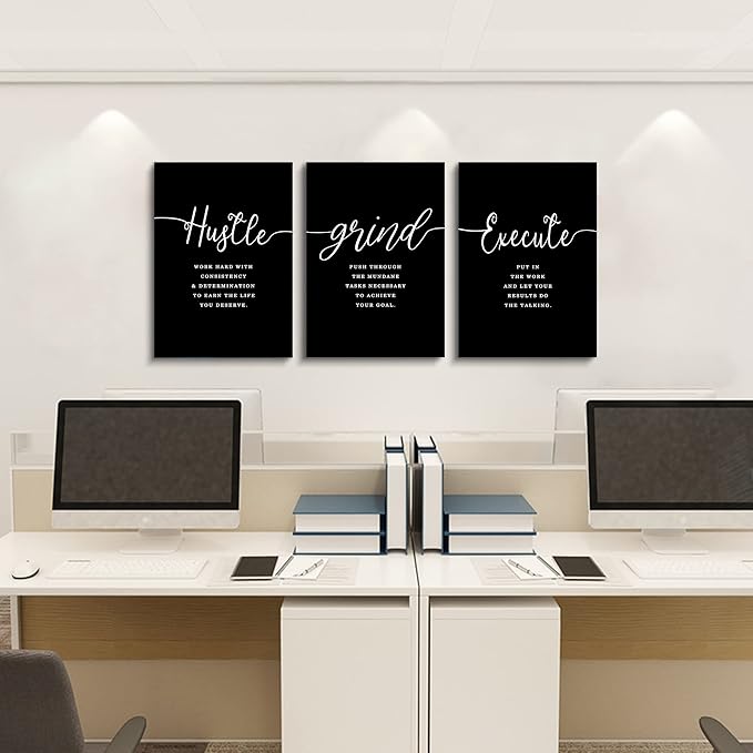 Office Decor - Hustle Quotes Execute Prints, Framed Canvas Wall Art Grind Quote, Office Wall Art, Black Large Poster, Positive MotivationalPrints, Inspirational Print (F-3pcs,12x16inchx3pcs)
