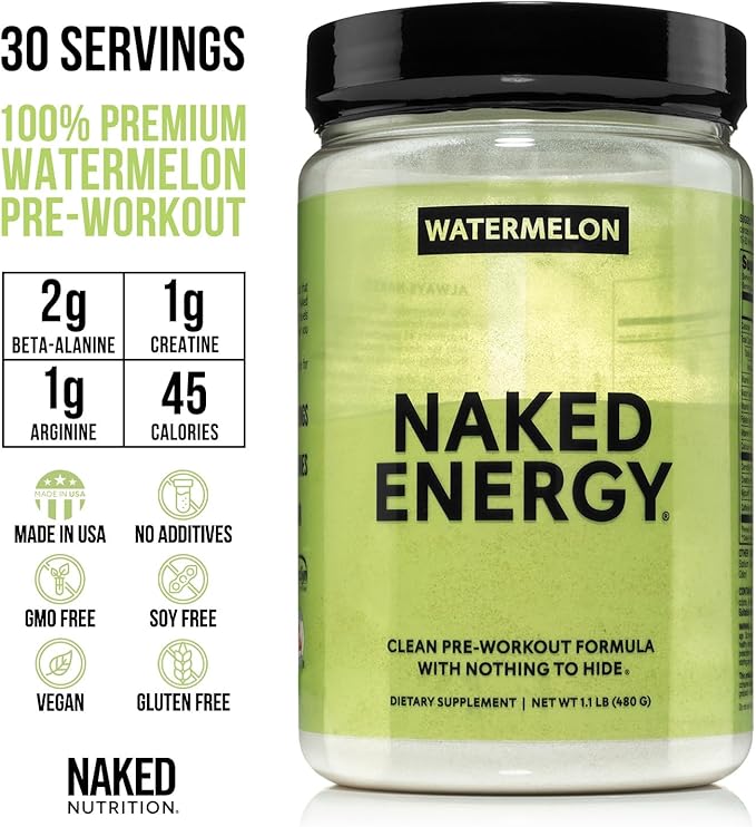 NAKED Watermelon Energy - Clean Pre Workout Supplement for Men and Women, Vegan Friendly, No Added Sweeteners, Colors Or Flavors - 30 Servings