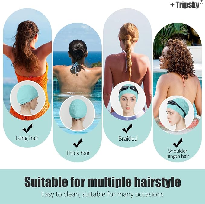 Tripsky Silicone Swim Cap,Comfortable Bathing Cap Ideal for Curly Short Medium Long Hair, Swimming Cap for Women and Men, Shower Caps Keep Hairstyle Unchanged…