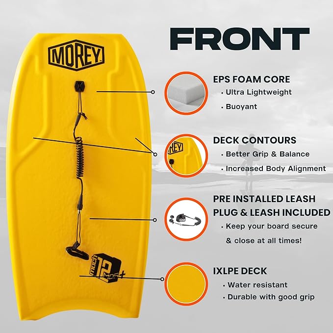 MOREY® Mach 12 MDS, 42.5" Bodyboard. Dynamic Speed Body Boards for Beach, for All Skill Levels, Embedded Fiberglass Stringer, with Coil Leash. Re-Engineered 2025 Model