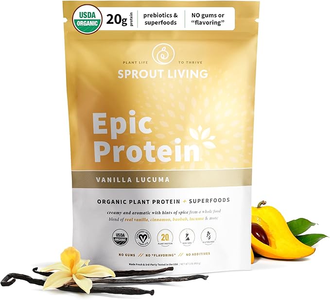Sprout Living Epic Protein, Plant Based Protein & Superfoods Powder, Vanilla Lucuma Powder | 20 Grams Organic Protein Powder, Vegan, Non Dairy, Non-GMO, Gluten Free, Low Sugar (1 Pound, 12 Servings)