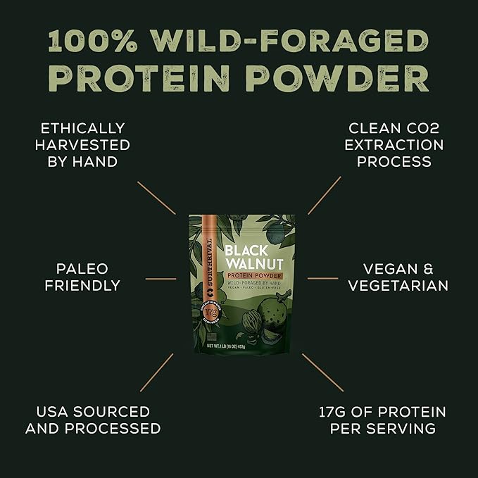 Surthrival: Black Walnut Protein Powder, Wild-Foraged, Ethically-Harvested, 17g Protein, USA Sourced, Vegan, Paleo, Gluten-Free, 1lb