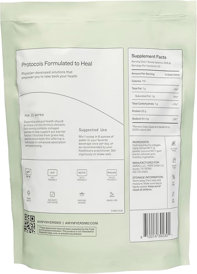 Amy Myers MD Paleo Protein Powder - Double Chocolate, 20 Servings - Collagen-Based Gut Function Support - Gluten-Free & Non-Dairy Protein Supplement