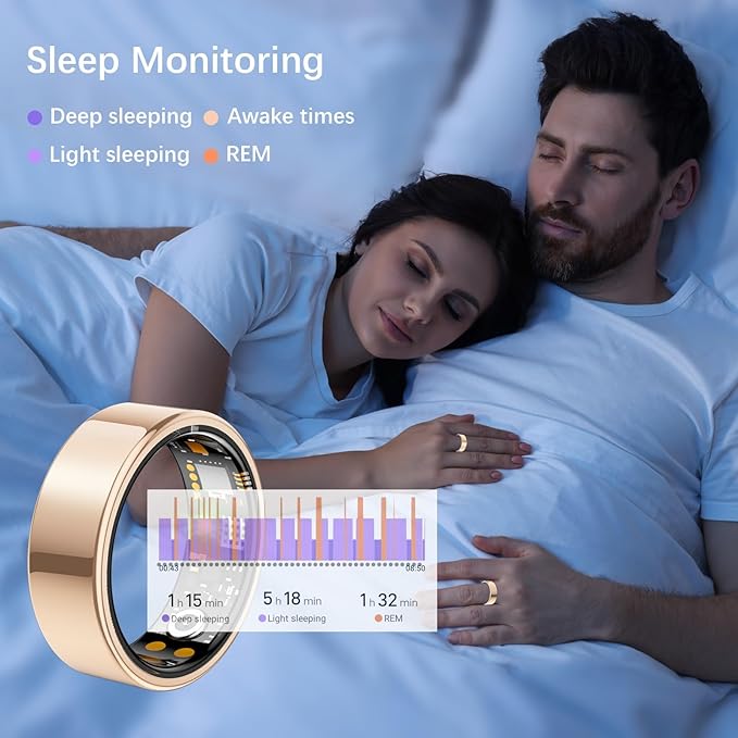 Ring Health Tracker for Women Men, Fit Ring with Heart Rate, Blood Oxygen, Sleep Monitor, Calories, Step Counter, IP68 Waterproof Smart Ring for iPhone & Android, No Subscription Fee (Rose Gold, 11#)