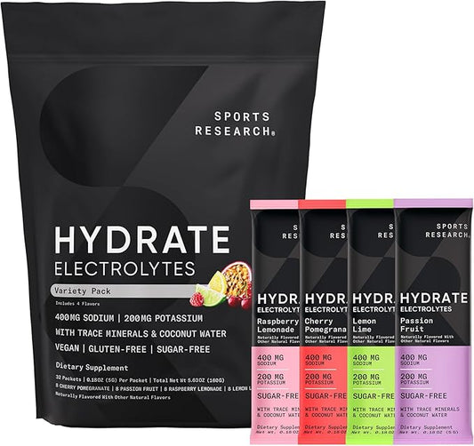 Sports Research® Hydrate Electrolytes Powder Packets - Sugar-Free & Naturally Flavored with Vitamins, Minerals, and Coconut Water - Supports Hydration - 16 Packets - Variety Pack