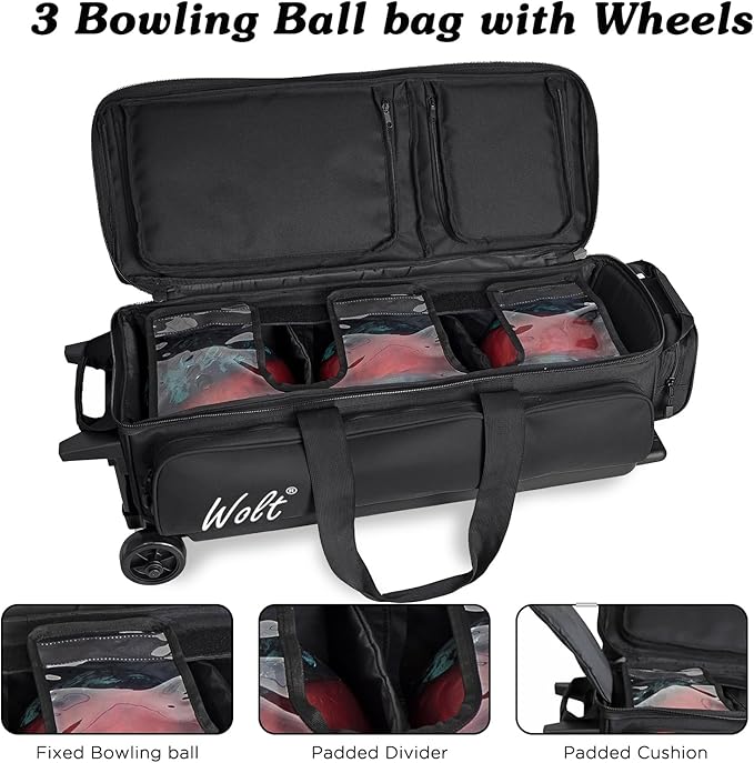 WOLT 3 Ball Bowling Bags with Wheels,Bowling Ball Bag 3 Ball Roller with Separate Shoe Compartment and Accessory Pocket, Retractable Handle Extends to 38’’
