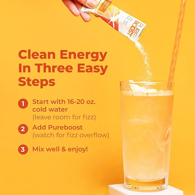 Pureboost Clean Energy Booster, Refreshing Energy Drink Mix with B12 Vitamins, Electrolytes, Antioxidants, Sugar-Free with No Sucralose (Citrus Sunrise, 30 Count)