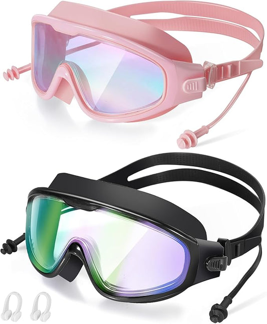 Adult Swimming Goggles,Leak-Proof,Anti-Fog Pool Glasses,Wide View Swim Goggles with Ear Plugs and Nose Clip