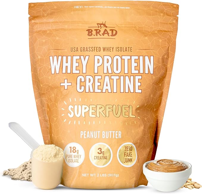 B.rad Superfuel - Grass Fed Whey Protein Isolate Boosted with Creatine | Ultra-Pure, All-Natural Clean Ingredients | 2 Pounds | 100% USA Sourced | Peanut Butter