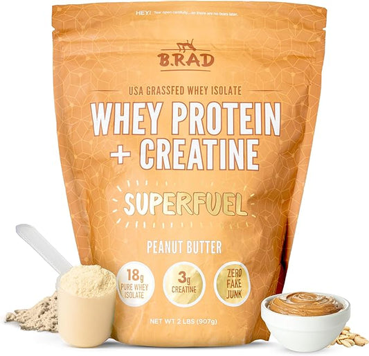 B.rad Superfuel - Grass Fed Whey Protein Isolate Boosted with Creatine | Ultra-Pure, All-Natural Clean Ingredients | 2 Pounds | 100% USA Sourced | Peanut Butter