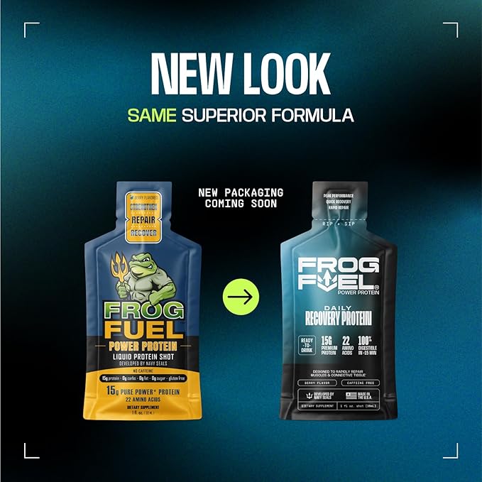 Frog Fuel Power Regular Protein Shot, 15g Protein Nano-Hydrolyzed Grass Fed Collagen, Post Workout, Gluten Free, Fat & Sugar Free, 22 Amino Acids, 0 Carbs, Berry, 1 oz Packets, 24 Pack