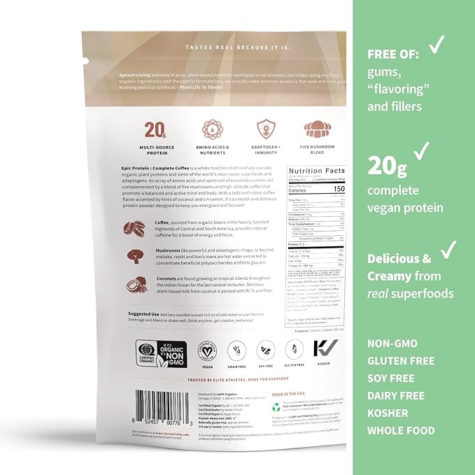 Sprout Living, Epic Protein, Plant Based Protein & Superfoods Powder, Complete Coffee | 20 Grams Organic Protein Powder, Adaptogens, Mushrooms, Vegan, Non-GMO, Gluten Free (1 Pound, 12 Servings)