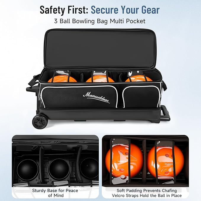 MANUEKLEAR 3 Ball Bowling Bags with Wheels, Bowling Ball Bag 3 Ball Roller with Accessory Pockets and Shoe Compartment