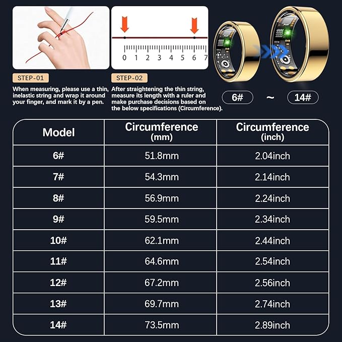 Ring Health Tracker for Women Men, Fit Ring with Heart Rate, Blood Oxygen, Sleep Monitor, Calories, Step Counter, IP68 Waterproof Smart Ring for iPhone & Android, No Subscription Fee (Gold, 13#)