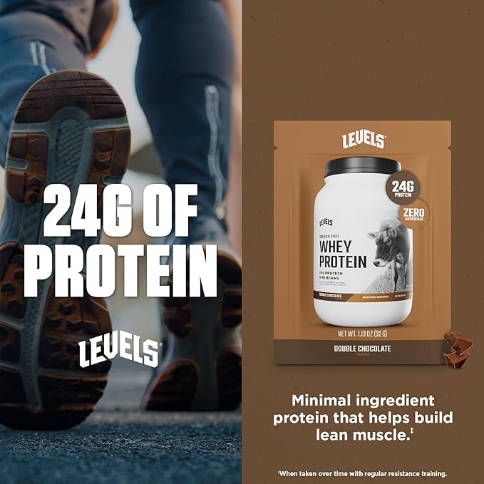 Levels Grass Fed Whey Protein Powder, No Artificials, 24G of Protein, Double Chocolate, 12 Count
