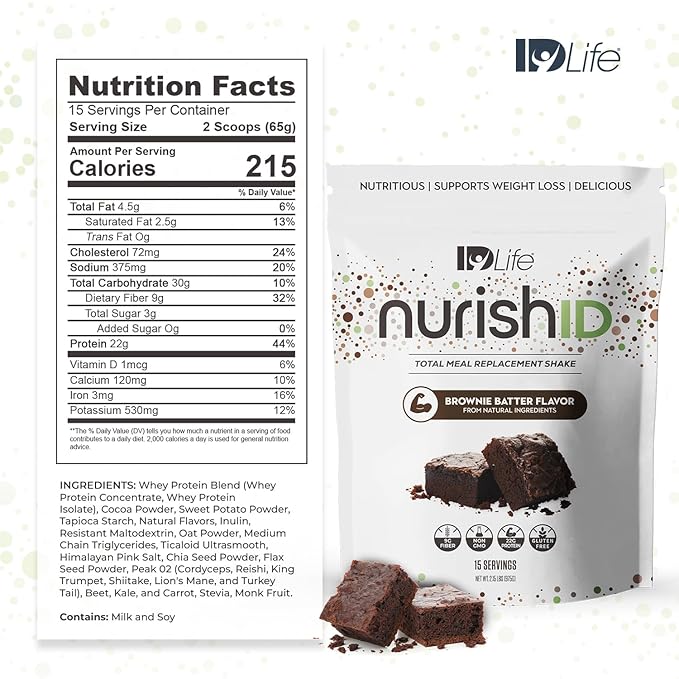 IDLife Brownie Batter NurishID Meal Replacement Shake - with Slow-Digesting Carbs, Superfoods, Vegetable Blend and Adaptogenic Mushrooms - 15 Servings