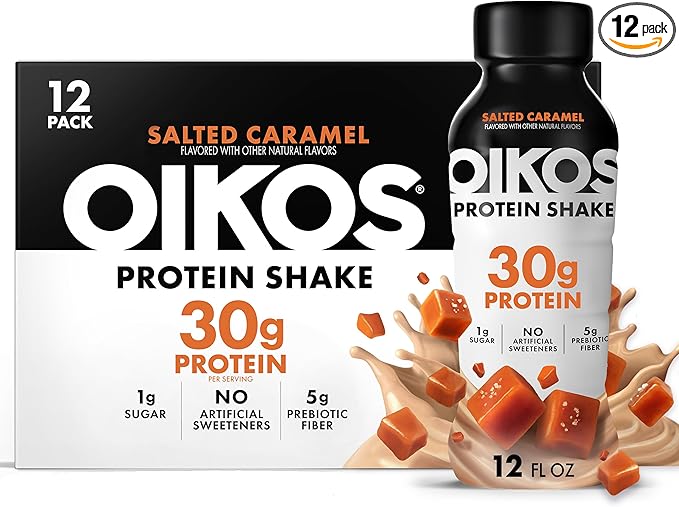 Oikos Protein Shake, Salted Caramel, 30g High Protein Drinks, Shelf Stable, Ready to Drink, 5g Prebiotic Fiber, 12 fl oz Bottle, 12 Count