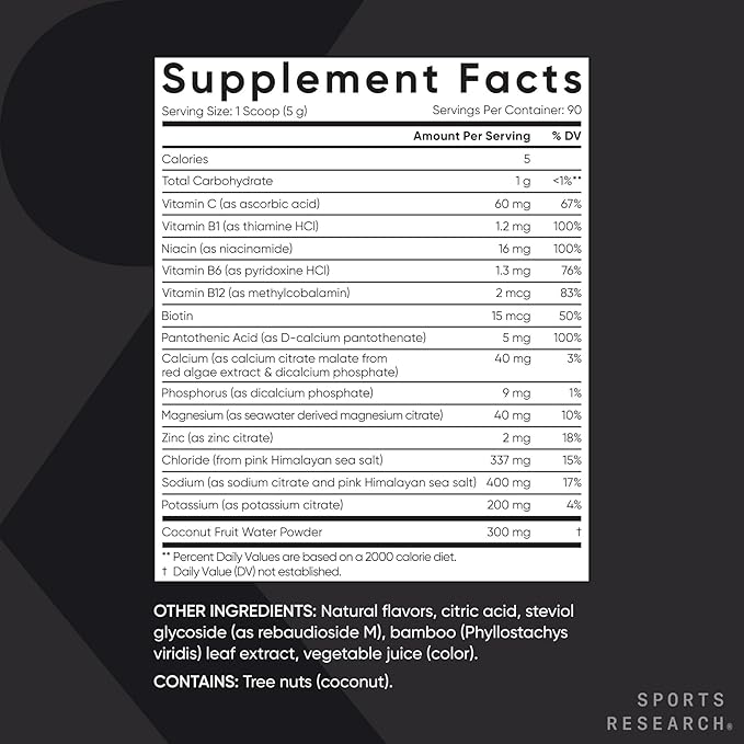 Sports Research® Hydrate Electrolytes Powder - Sugar-Free & Naturally Flavored with Vitamins, Minerals, and Coconut Water - Supports Hydration - Passion Fruit - 90 Servings