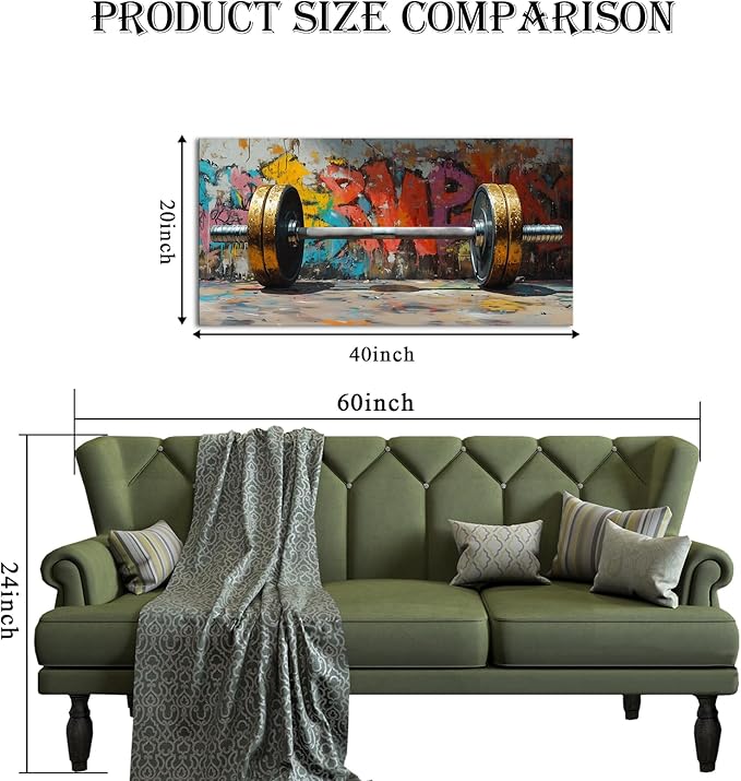 VANSEEING Graffiti Gym Wall Art Canvas Prints Barbell Weightlifting Fitness Picture Sport Motivational Artwork Oil Painting Wall decor for Workout Bedroom Fitness Boys Room 40x20 inch