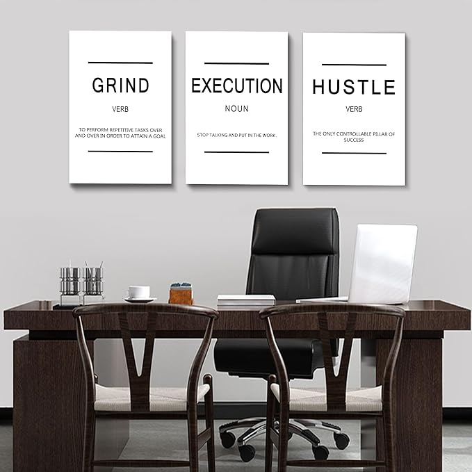 Framed Canvas Wall Art Success Quote, Office Wall Art, White Large Poster, Positive Motivational Set of 3 Prints, Grind Execution Hustle Poster, Inspirational Print