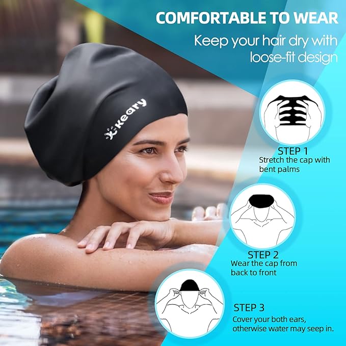 Keary Extra Large Swim Cap for Braids and Dreadlocks Extensions Weaves Long Hair, Waterproof Silicone Cover Ear Bath Pool Shower Swimming Cap for Adult Youth to Keep Hair Dry, Easy to Put On and Off