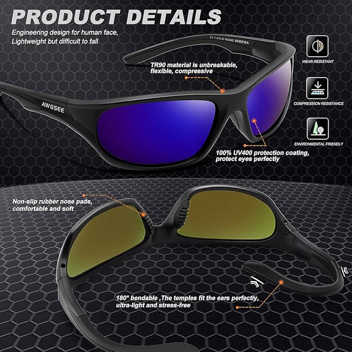 Polarized Sports Sunglasses for Men,TR90 Unbreakable Frame Sunglasses for Fishing Driving Cycling UV400 Protection